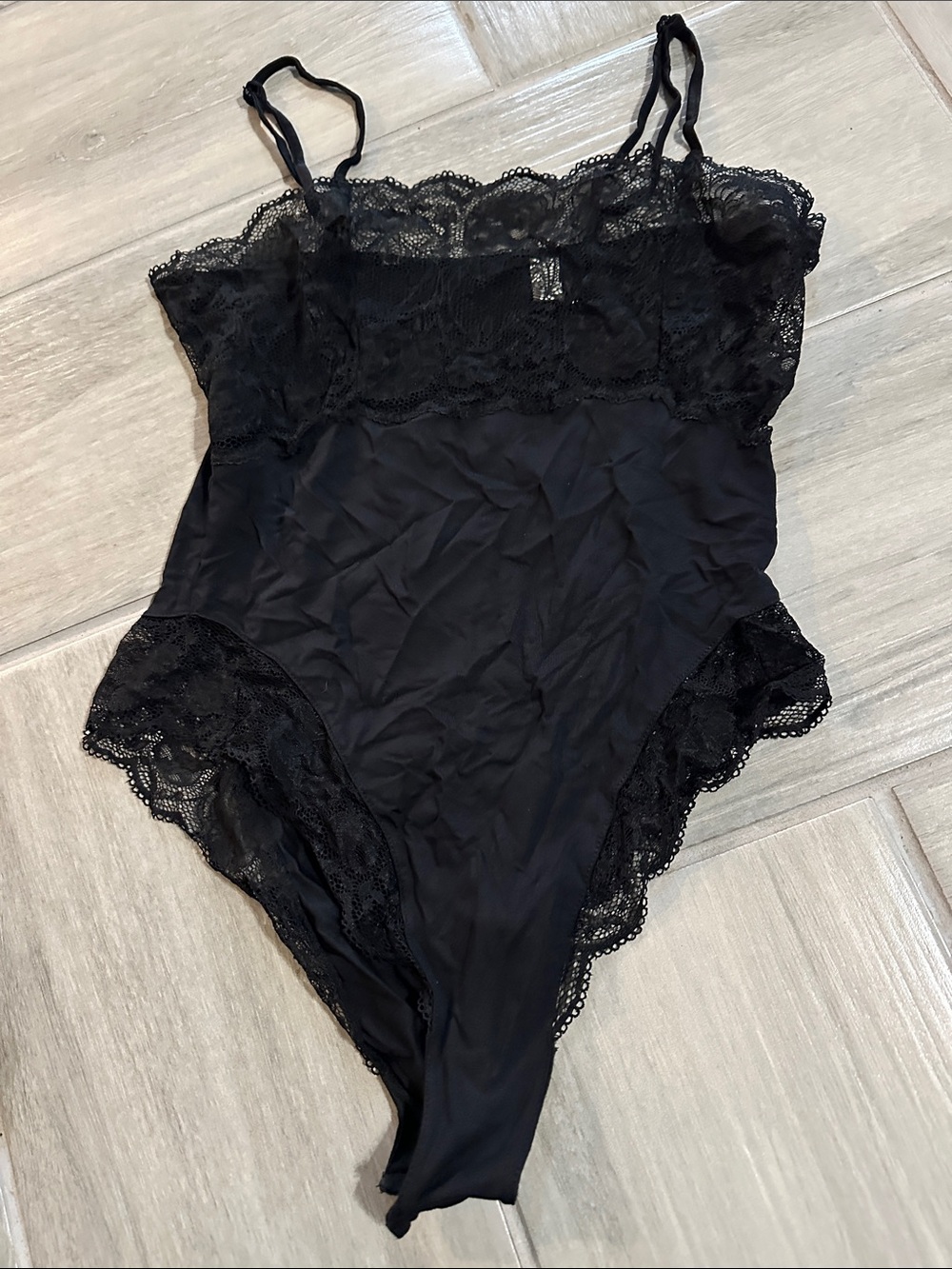 H&M Black Lace Trim Satin Bodysuit Chemise